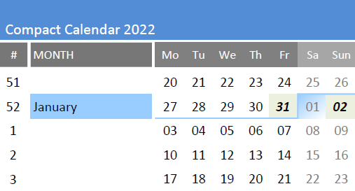 Compact Calendar 2022 with UK Bank Holidays